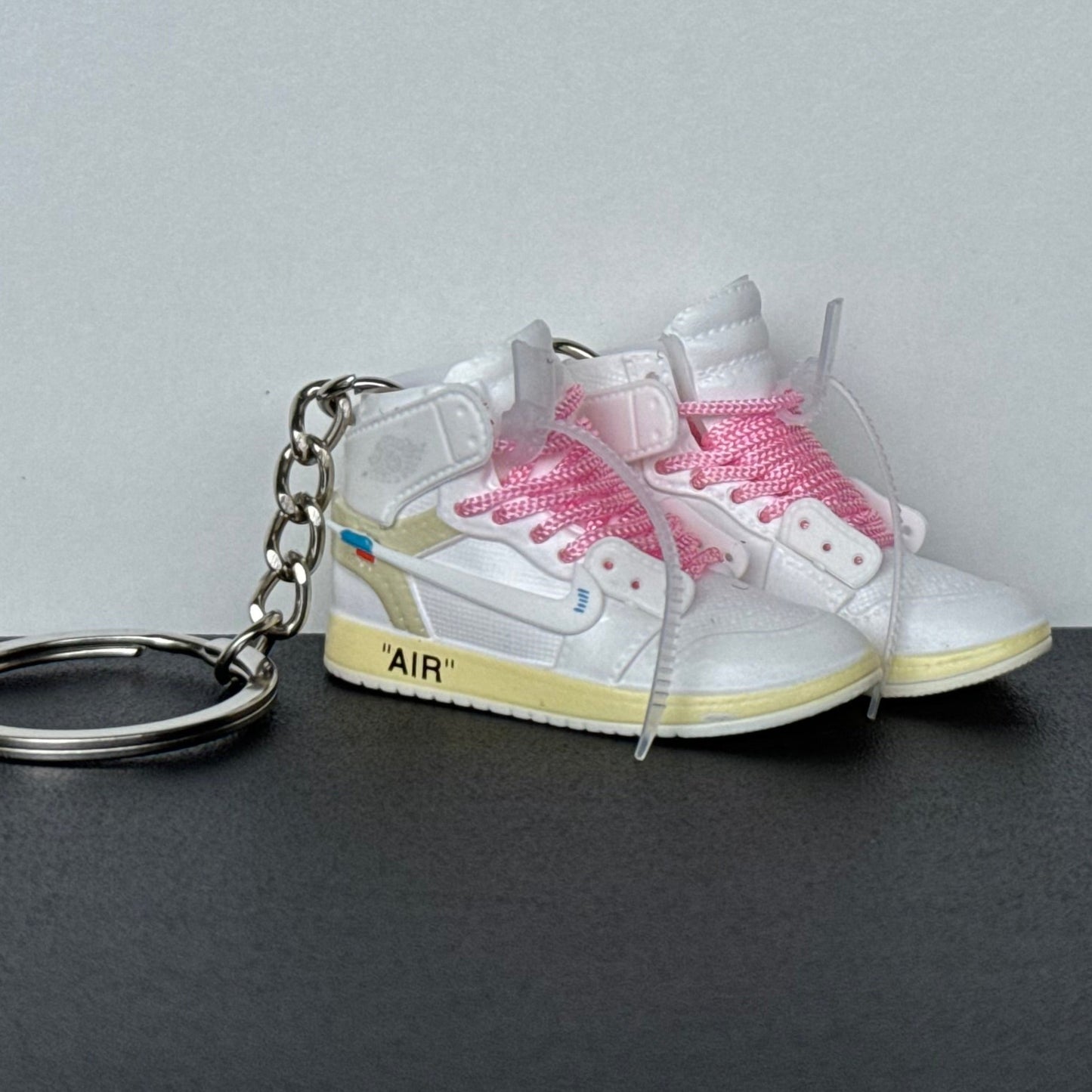 Mini 3D Sneaker Keyring - J1 "White x Off White" (Pink Lace)